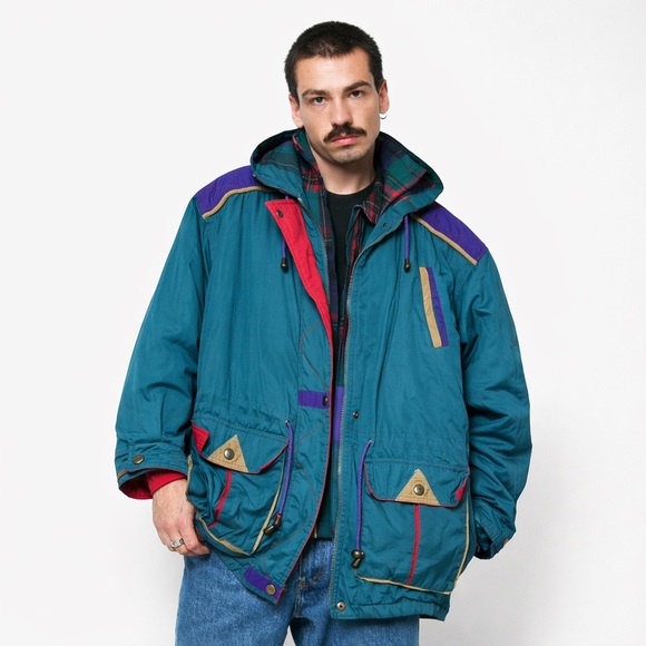 Vintage 90s Colorblock Hooded Ski Jacket Plaid Lined Retro Winter Coat Size M